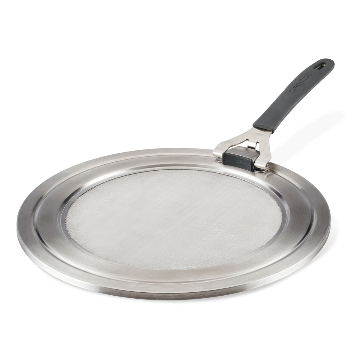 Universal Stainless Steel Splatter Guard: black handle, dishwasher-safe.