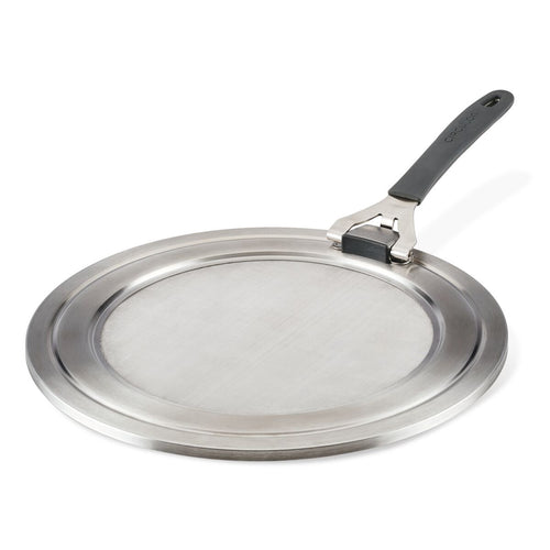 Universal Stainless Steel Splatter Guard: black handle, dishwasher-safe.