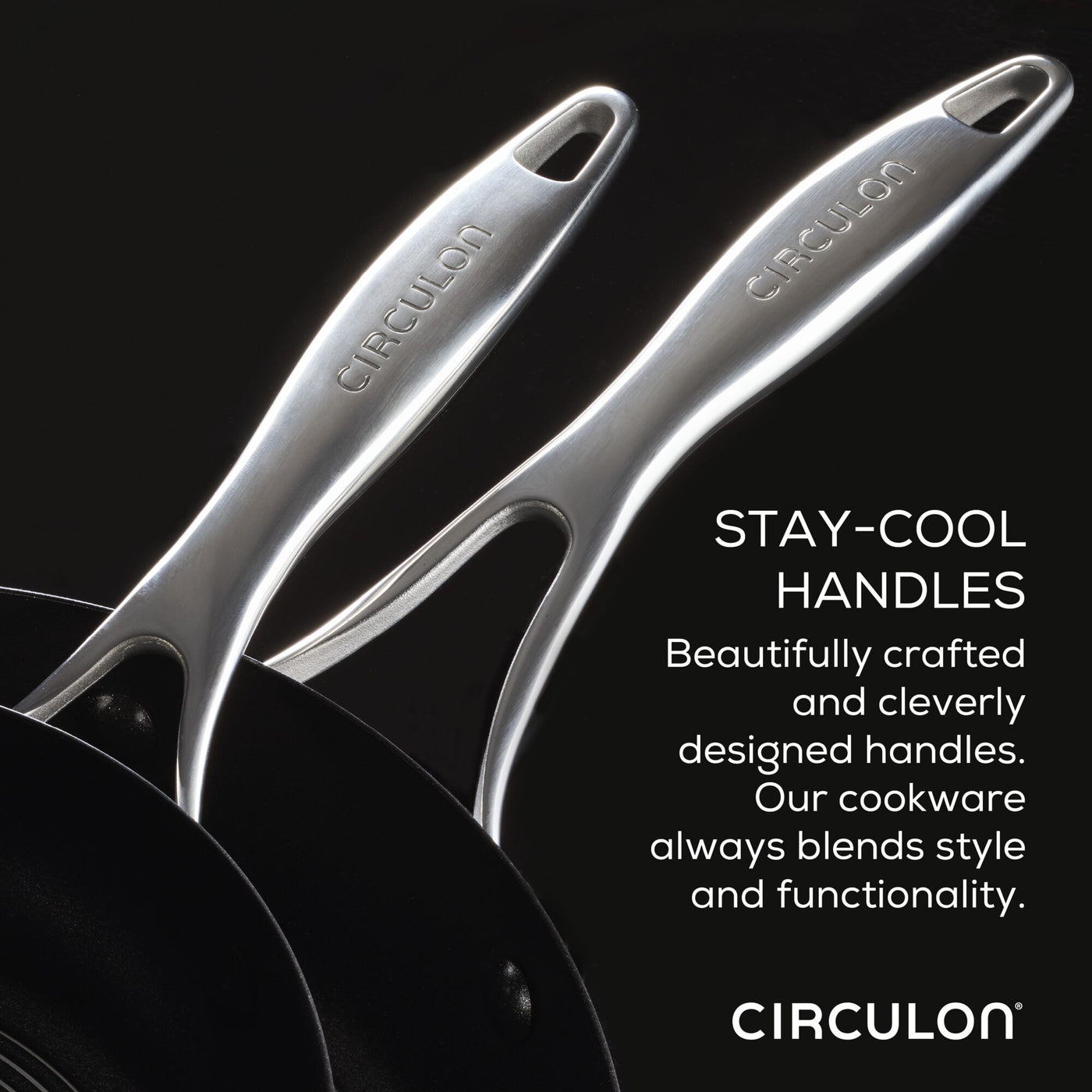 Two pots with stay-cool handles, labeled "Circulon.
