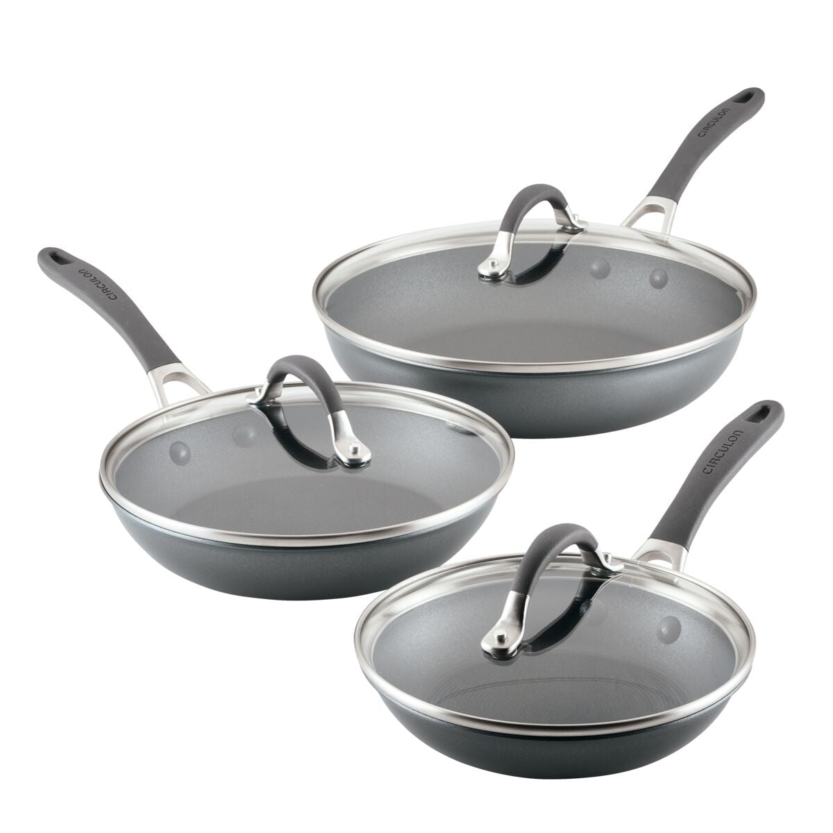 6-Piece ScratchDefense™ Nonstick Set: 3 pans with lids and durable handles.