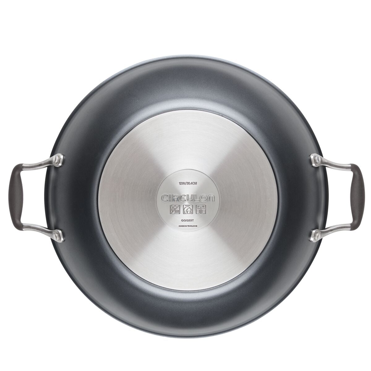 Nonstick frying pan with stainless steel bottom and two side handles.