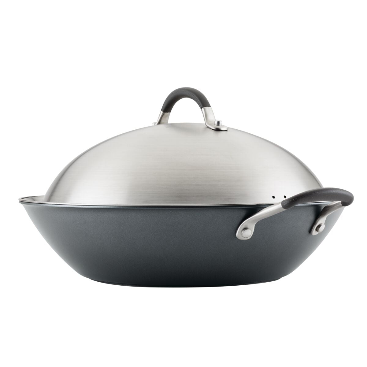 Black non-stick wok with a silver lid and two handles.