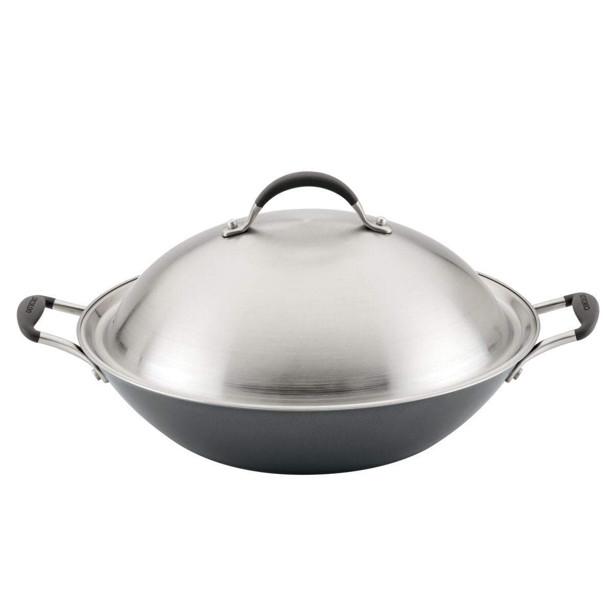 Stainless steel wok with a lid and side handles.