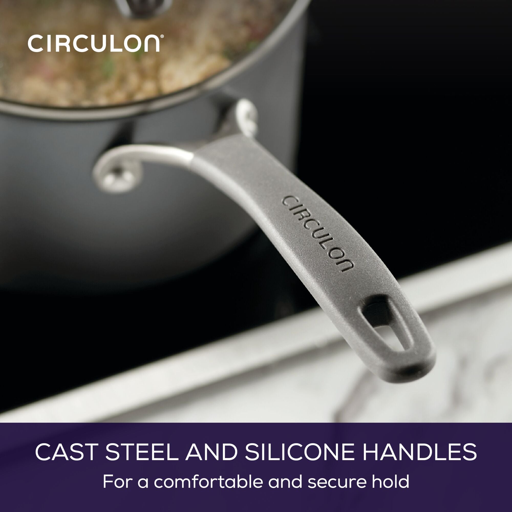 Close-up of a pot with a cast steel handle labeled "Circulon" on a stovetop.