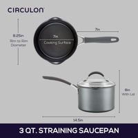 Diagram of a 3 QT. straining saucepan with dimensions.
