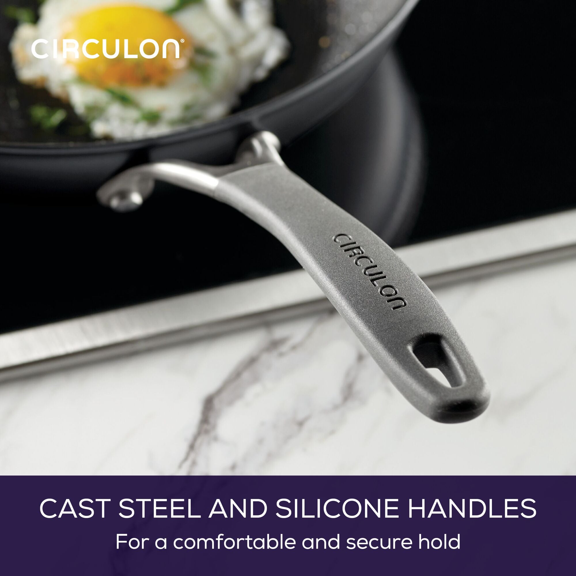 Pan handle with "Circulon" logo, an egg frying in the pan in the background.