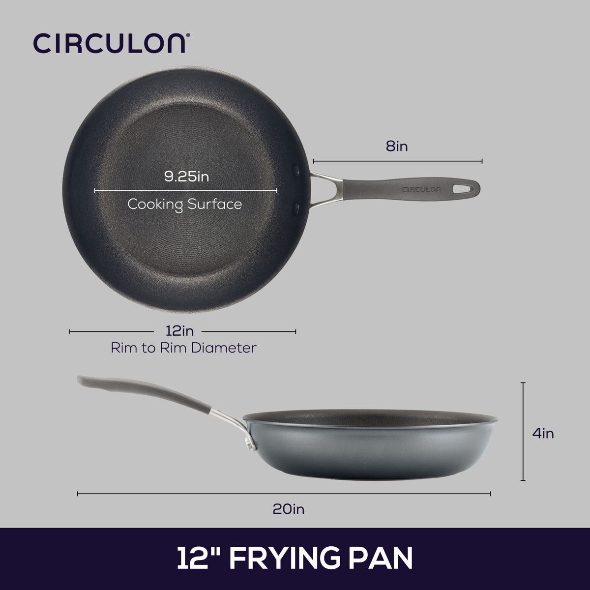 12-Inch Frying Pan: ScratchDefense™ nonstick surface with labeled dimensions.