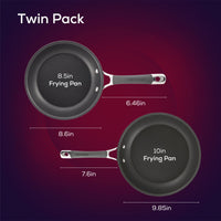 Introducing the "2-Piece Nonstick Frying Pan Set," which includes two frying pans designed with exact measurements for optimal convenience and quality. Made from durable hard-anodized cookware, these nonstick pans are also dishwasher safe, ensuring effortless cleaning.