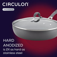 Hard anodized pan with a glass lid against a red and black background.
