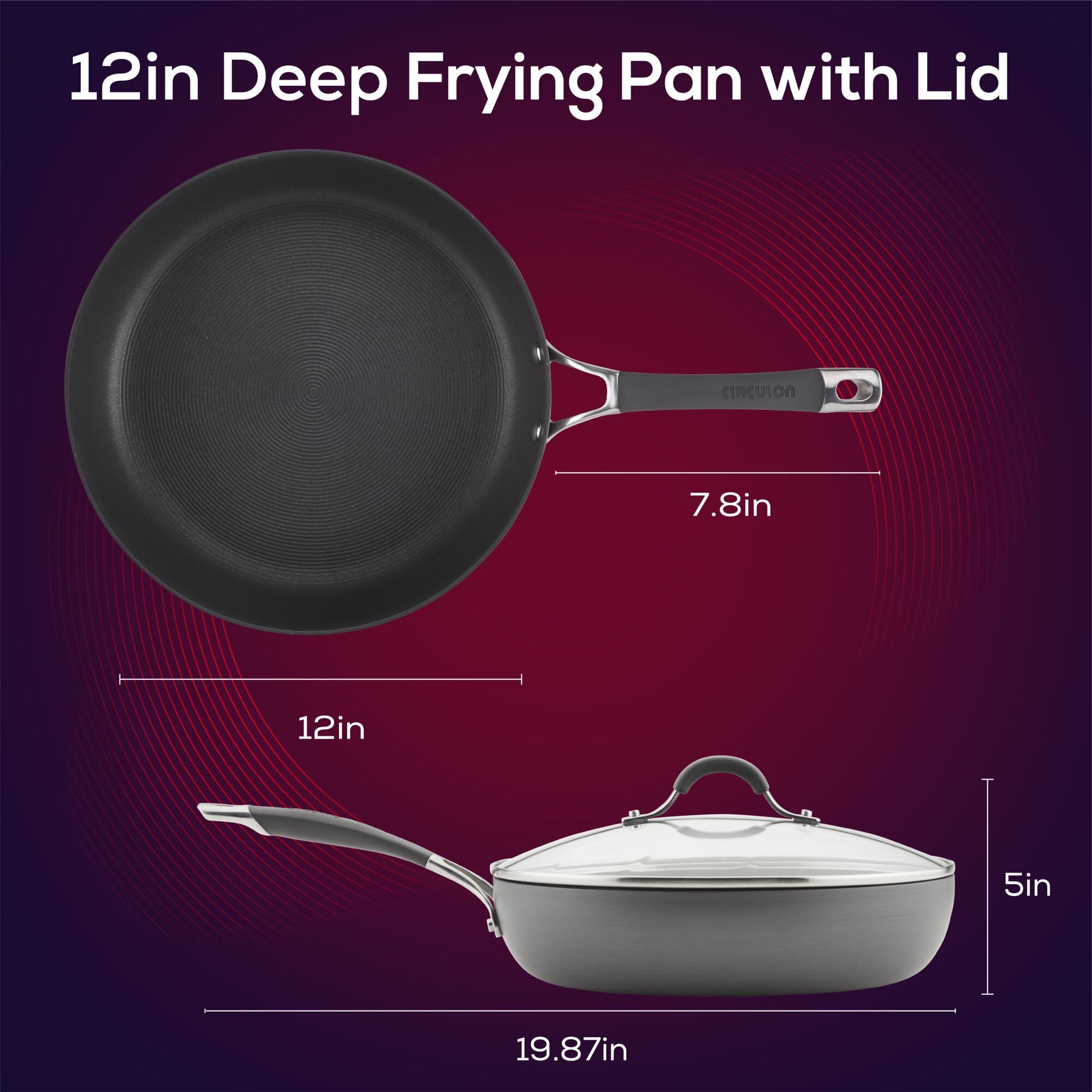 12-inch deep frying pan with lid, dimensions labeled for handle and height.