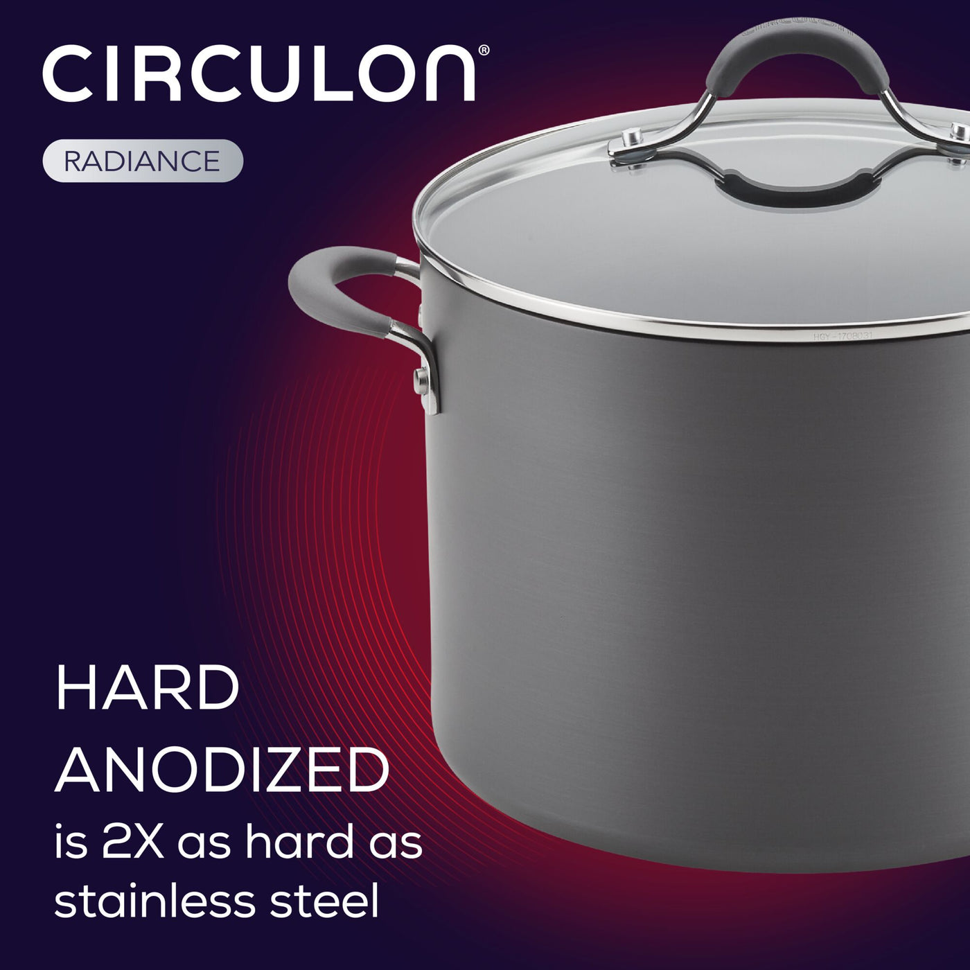 Circulon Radiance pot, hard anodized, with lid, against a dark background.