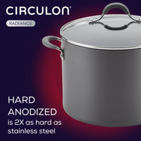 Circulon Radiance pot, hard anodized, with lid, against a dark background.