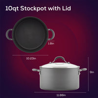10qt stockpot with lid, shown with dimensions: 10.23in x 11.88in x 9in.