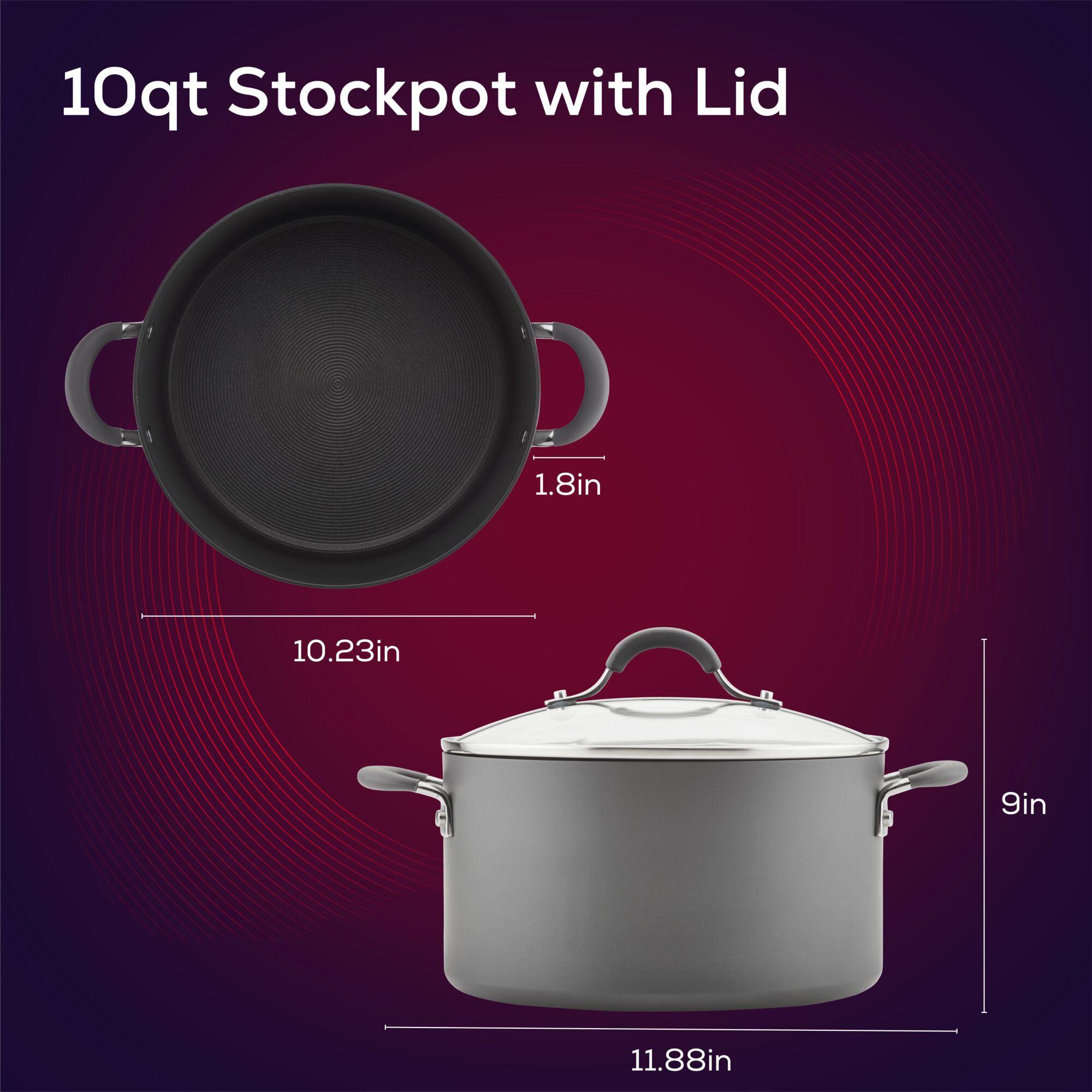 10qt stockpot with lid, shown with dimensions: 10.23in x 11.88in x 9in.