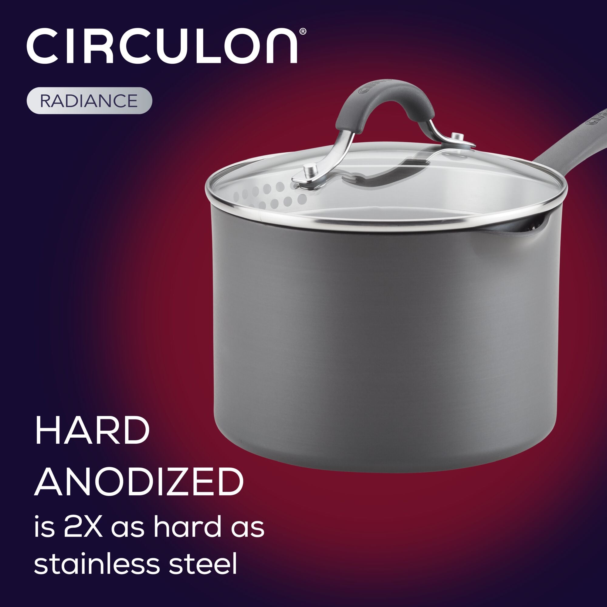 Grey Circulon pot with lid, labeled as hard anodized, on a red background.