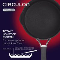 A Circulon nonstick pan with text highlighting the pan's features.