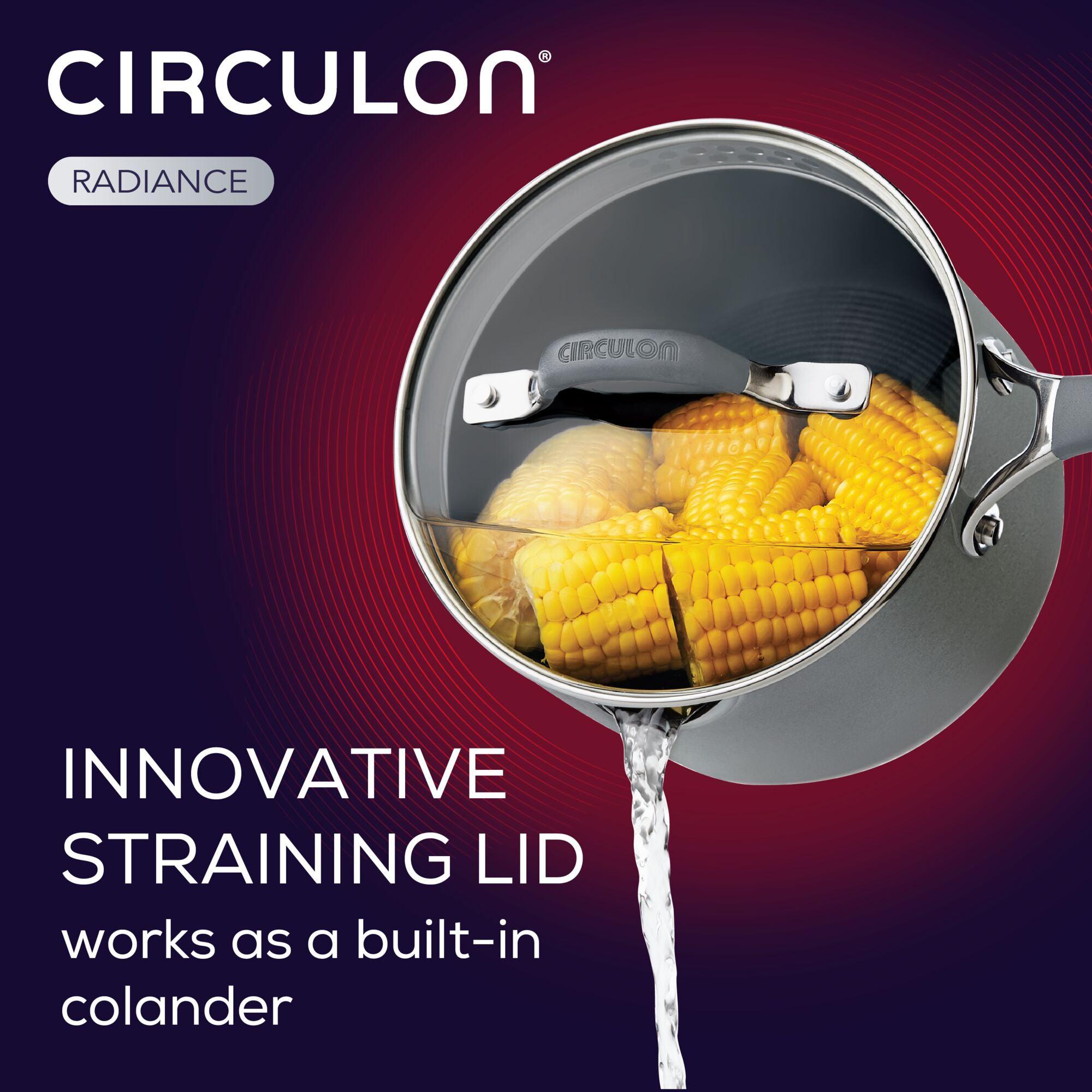 Introducing the 2-Piece Nonstick Frying Pan Set by Circulon Radiance, featuring a pot that effortlessly pours water and corn with its unique straining lid. This hard-anodized cookware set combines functionality with style for a seamless cooking experience, and it offers the added benefit of being dishwasher safe for easy cleanup.