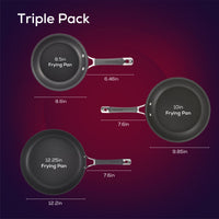 The 3-Piece Nonstick Frying Pan Set includes three frying pans of varying sizes, each with clearly labeled dimensions and robust handles. Made from hard-anodized cookware, this set guarantees even heating and long-lasting durability. Additionally, these pans are dishwasher safe for convenient cleanup after cooking.