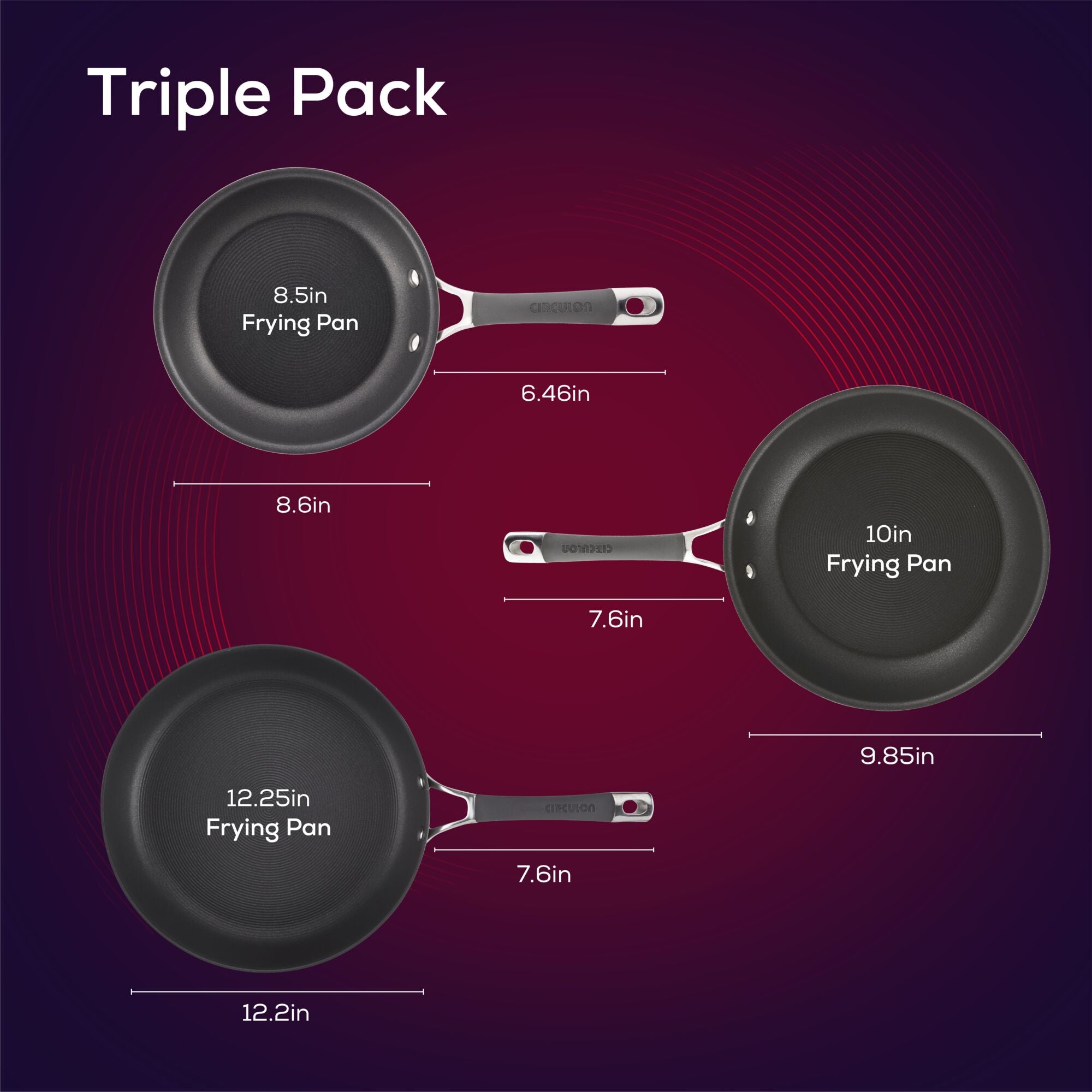 The 3-Piece Nonstick Frying Pan Set includes three frying pans of varying sizes, each with clearly labeled dimensions and robust handles. Made from hard-anodized cookware, this set guarantees even heating and long-lasting durability. Additionally, these pans are dishwasher safe for convenient cleanup after cooking.