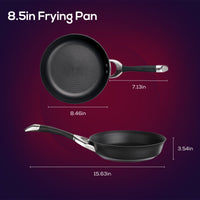 8.5-inch frying pan with handle, dimensions labeled in inches.