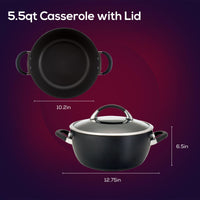 5.5qt casserole with lid, dimensions 12.75in x 10.2in x 6.5in shown.