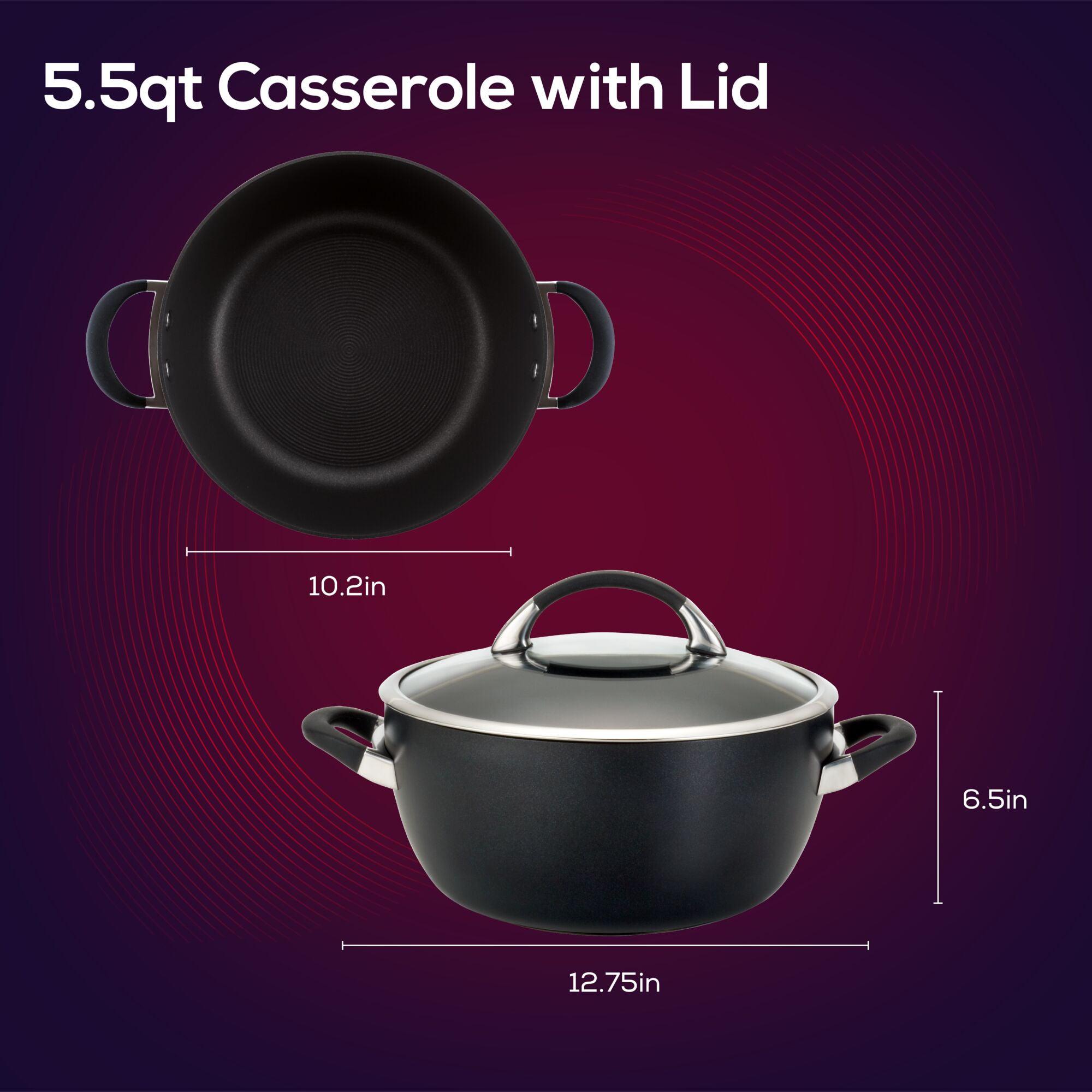 5.5qt casserole with lid, dimensions 12.75in x 10.2in x 6.5in shown.