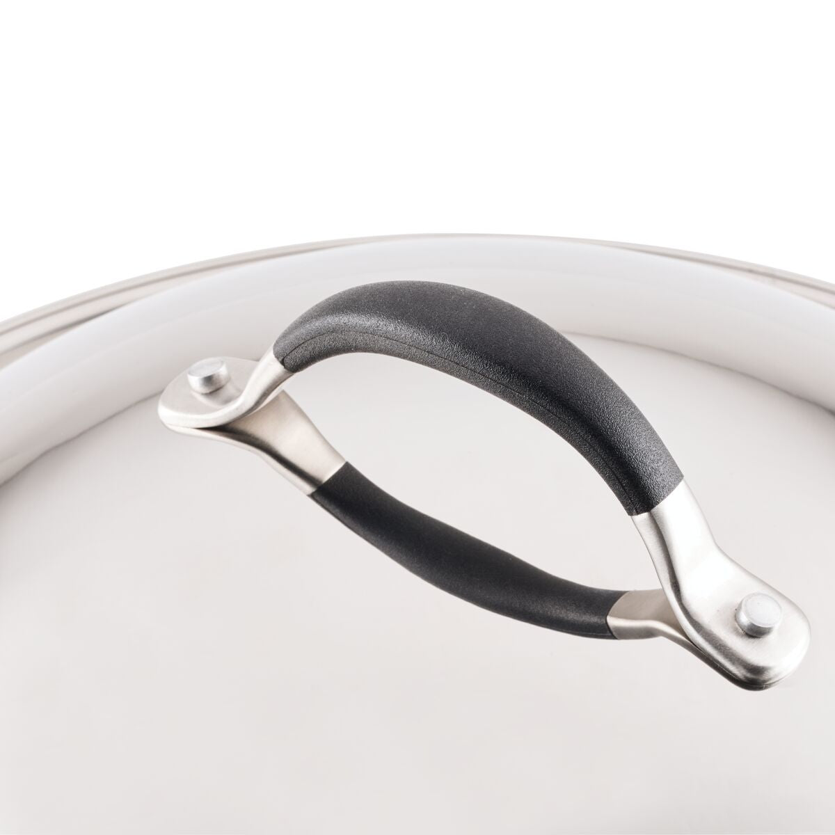 The 14-Inch Stainless Steel Domed Lid from Circulon includes a chic black silicone grip on the handle to ensure ease and safety.