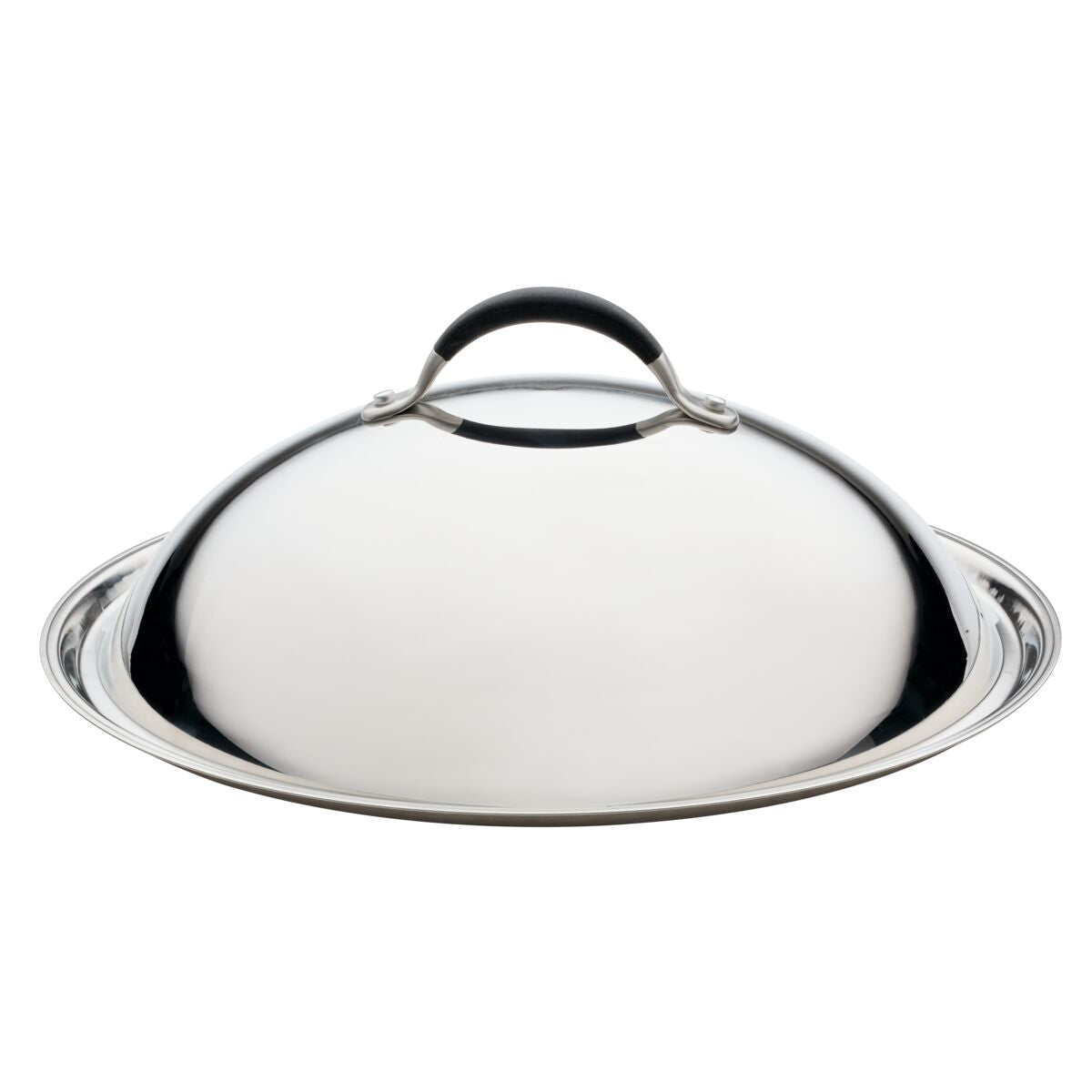 The 14-Inch Stainless Steel Domed Lid, featuring a black silicone grip handle and displayed against a plain white background, exemplifies the elegance and functionality synonymous with Circulon products.