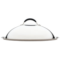 The 14-Inch Stainless Steel Domed Lid has a silver finish and features a sleek black handle with a silicone grip, making it perfect for compatibility with Circulon products.