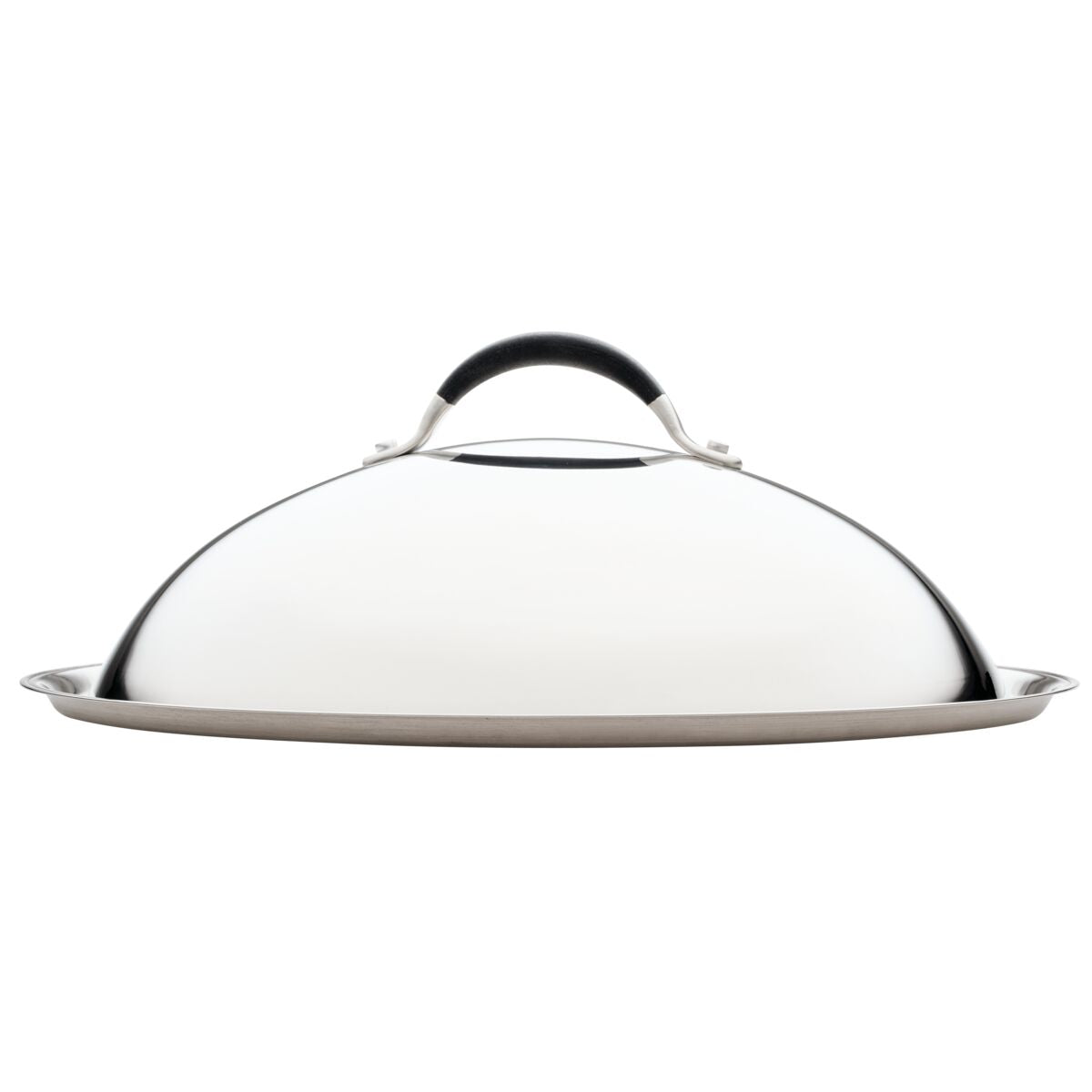 The 14-Inch Stainless Steel Domed Lid has a silver finish and features a sleek black handle with a silicone grip, making it perfect for compatibility with Circulon products.