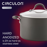 Cooking pot with lid; text highlights hard anodized durability.