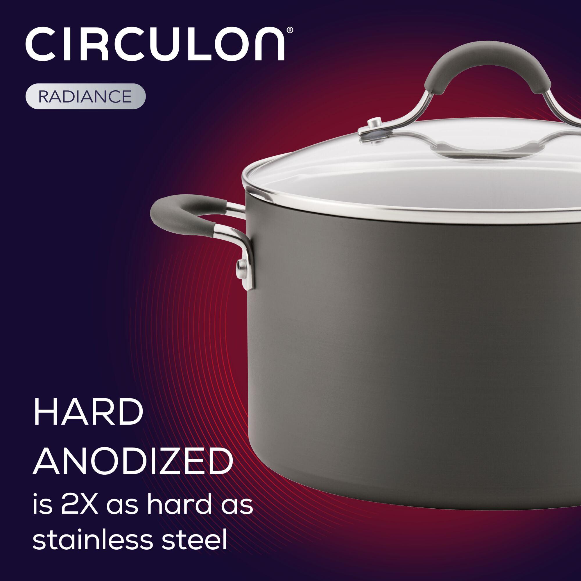 Cooking pot with lid; text highlights hard anodized durability.