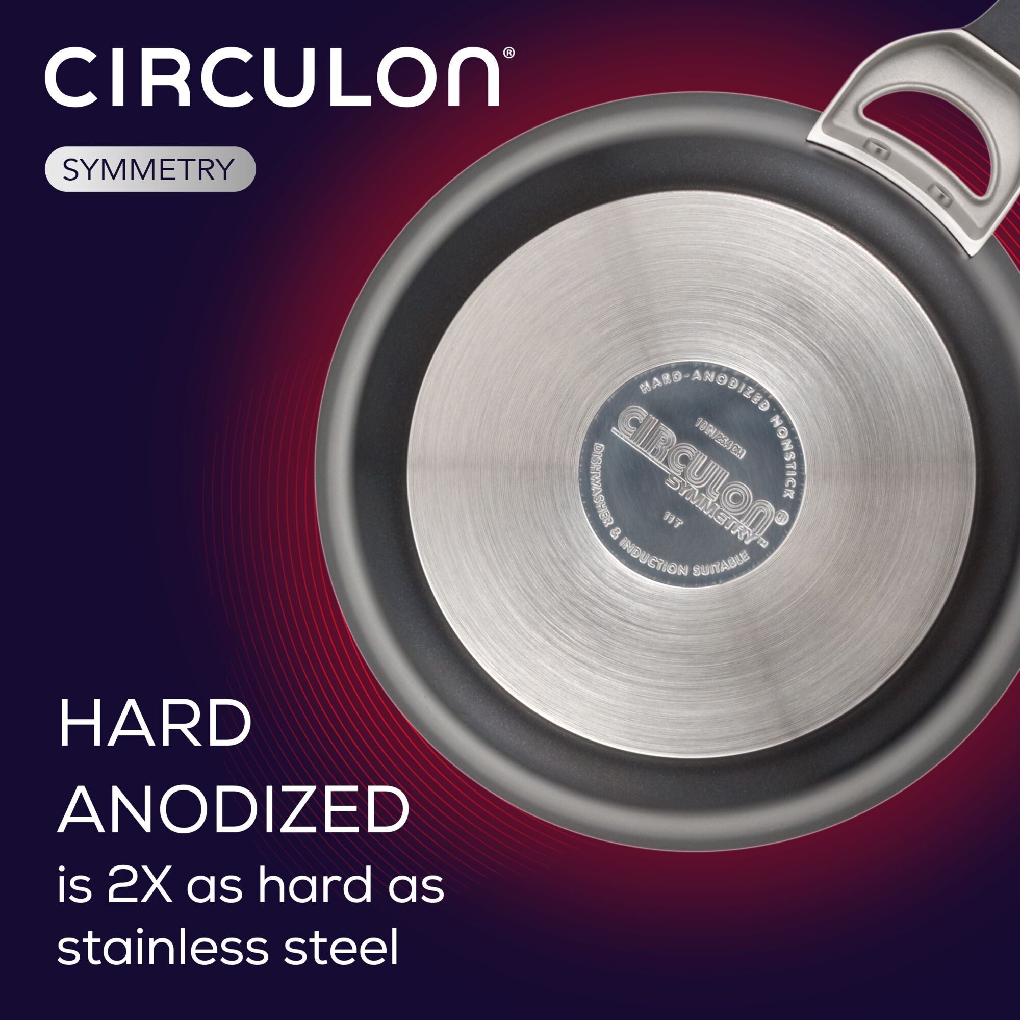 Circulon Symmetry frying pan with hard anodized surface and info text.