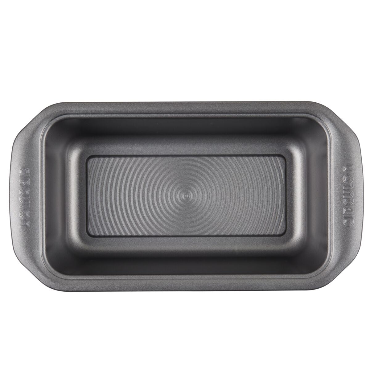 The 9-by-5-Inch Loaf Pans, part of a set of four, feature an empty gray design with a ridged bottom and are crafted from steel to ensure superior heat distribution when viewed from above.