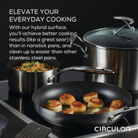Cookware set with seared scallops and vegetables in hybrid surface pans.