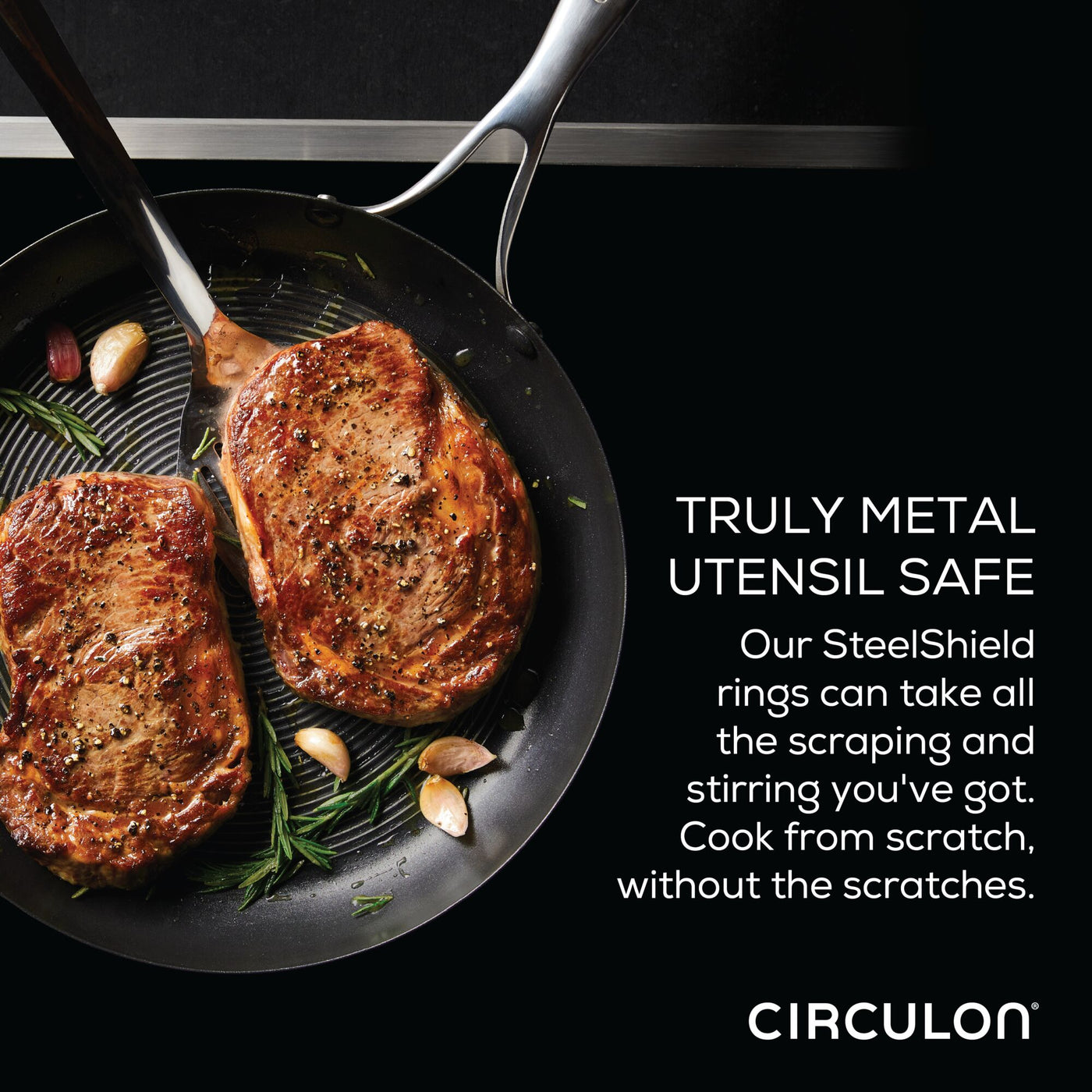Two cooked steaks in a pan with a spatula and herbs. Circulon cookware ad.