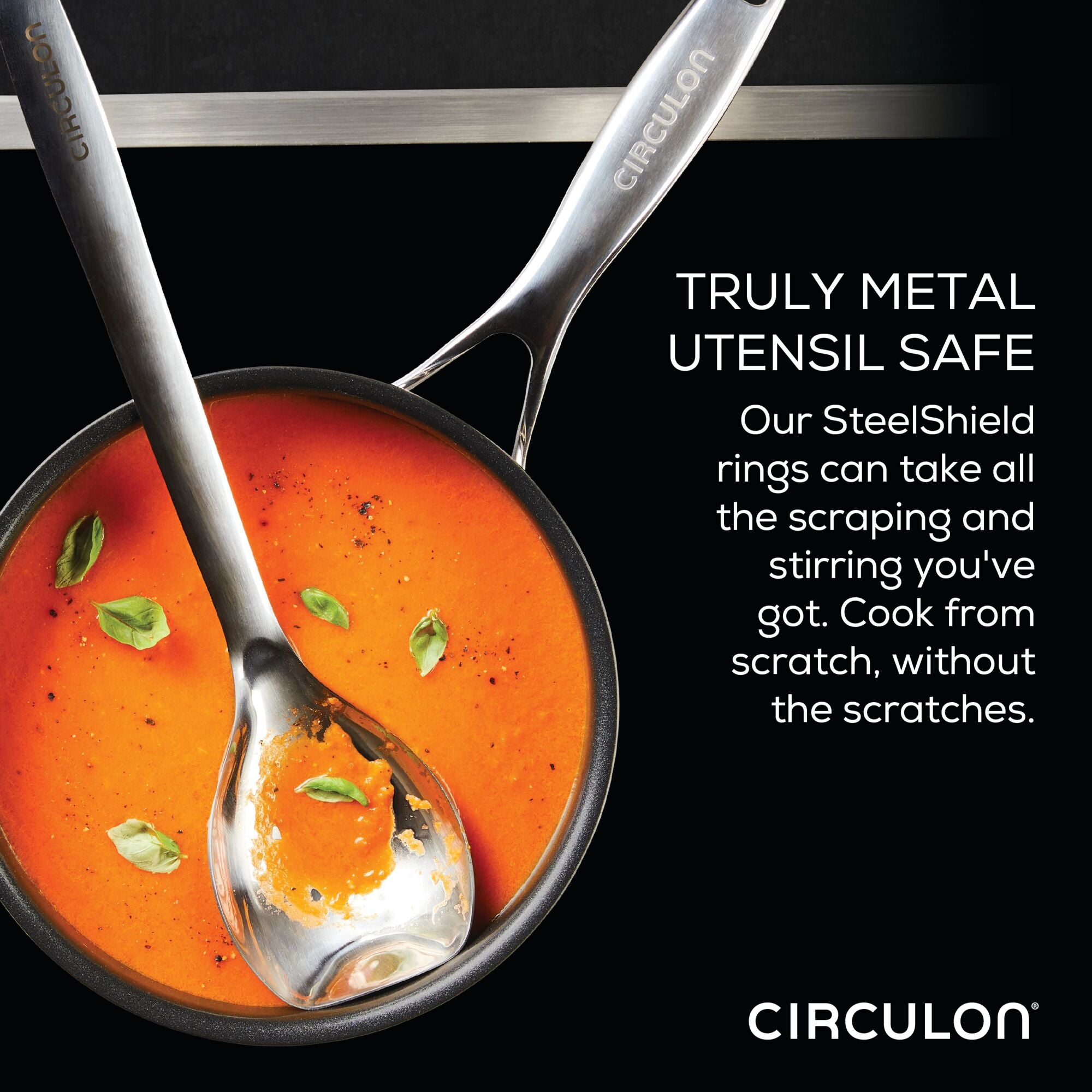 Steel utensil stirring soup in non-stick pot with text about scratch safety.