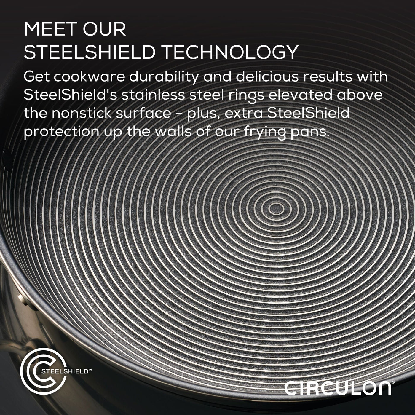Top view of a frying pan with concentric steel rings, text overlay present.
