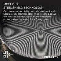 Close-up of a steel frying pan featuring SteelShield technology rings.