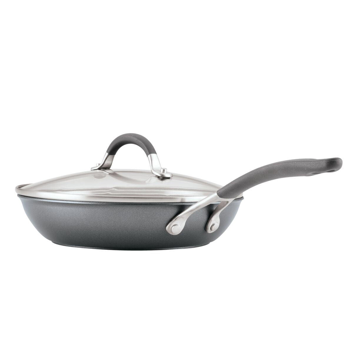 ScratchDefense™ set: nonstick pan with lid, curved handle & tech.