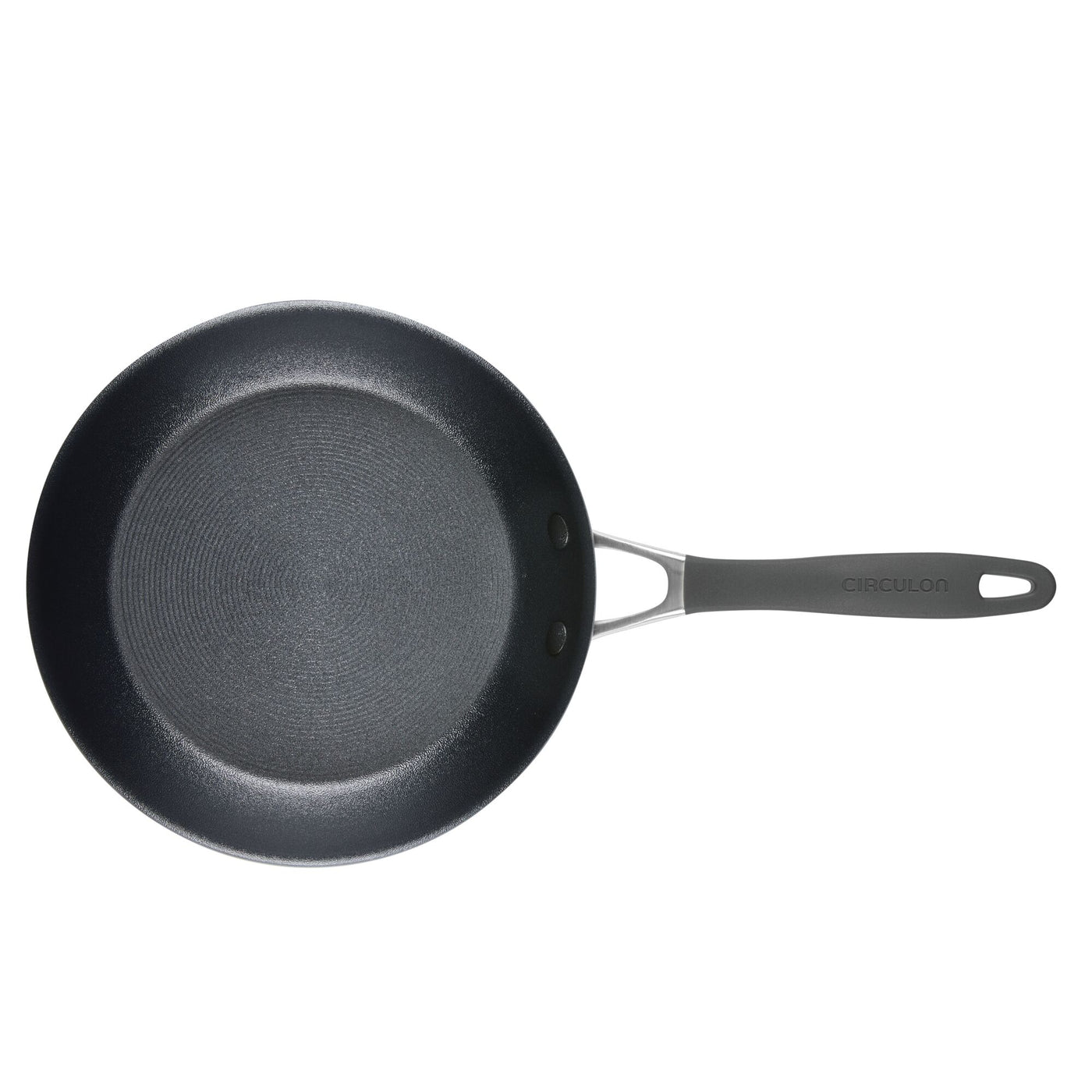 Non-stick frying pan with a black handle and circular cooking surface.