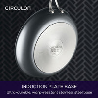 A frying pan displayed showing its induction plate base against dark background.