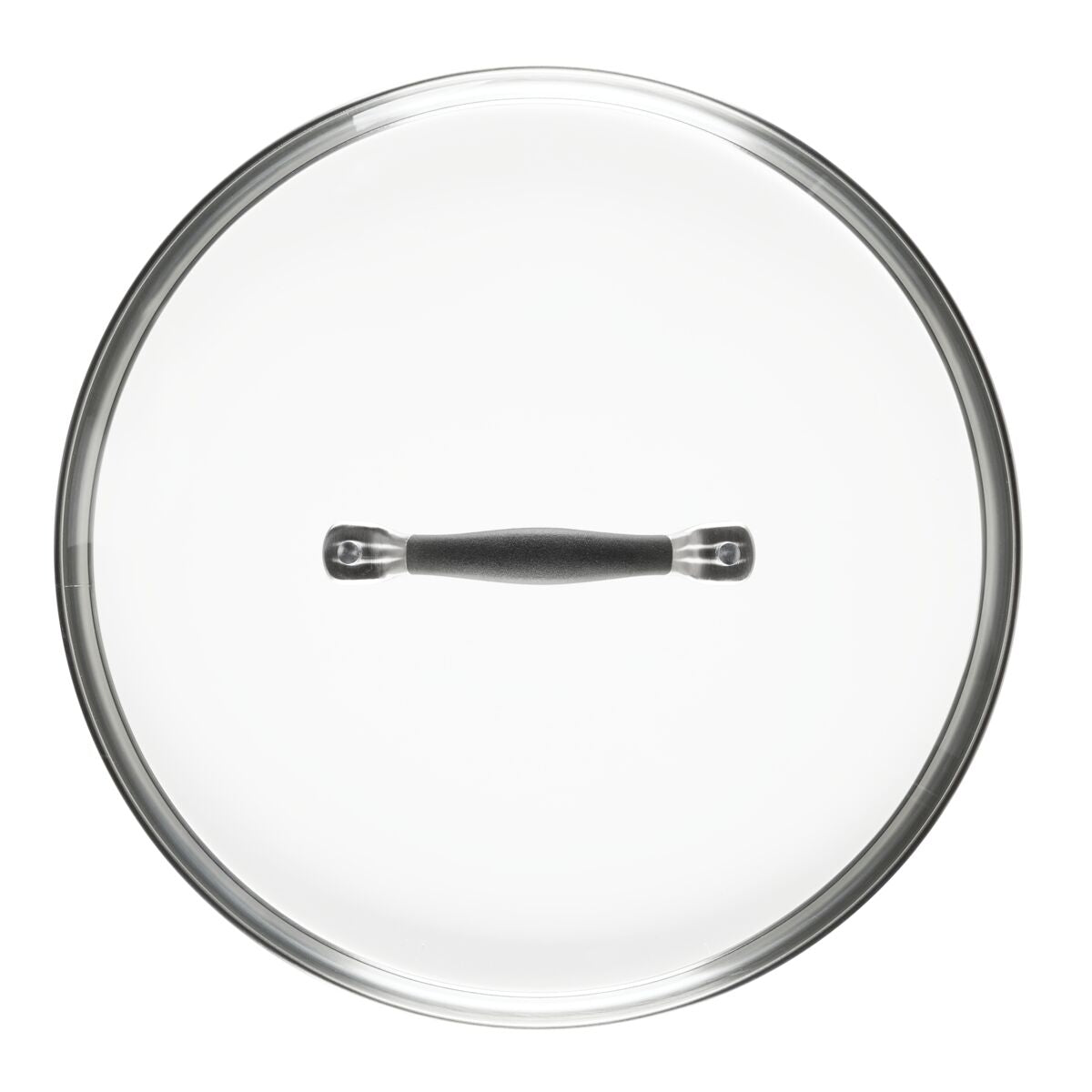 A round glass pot lid with a black handle, viewed from above.