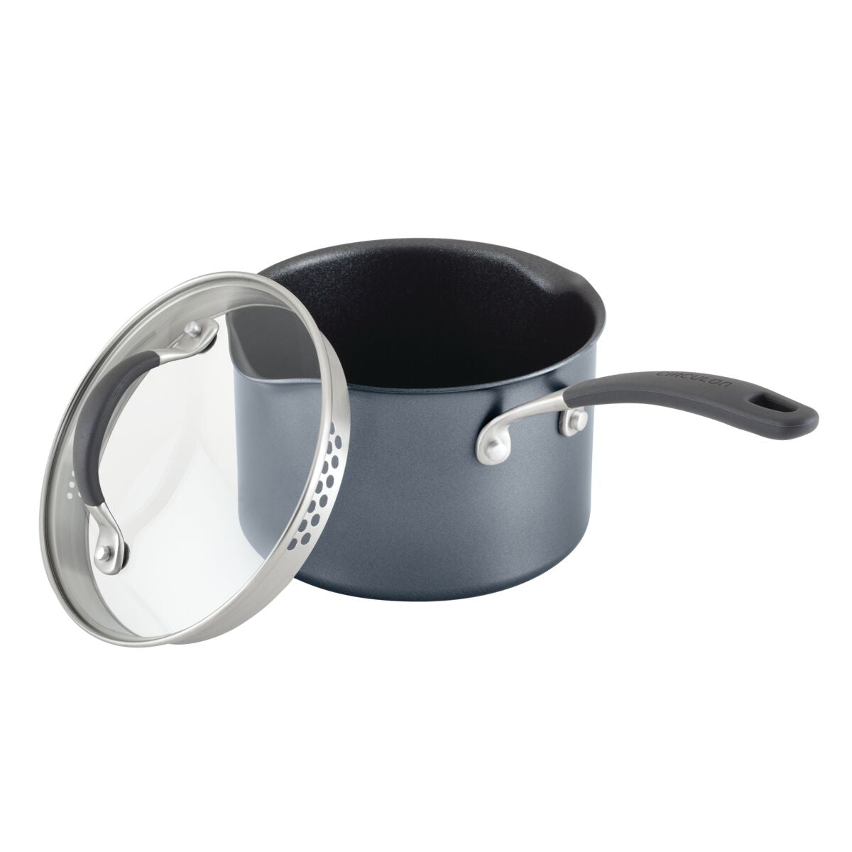 A Circulon 12-Piece ScratchDefense saucepan with a glass lid and long handle.