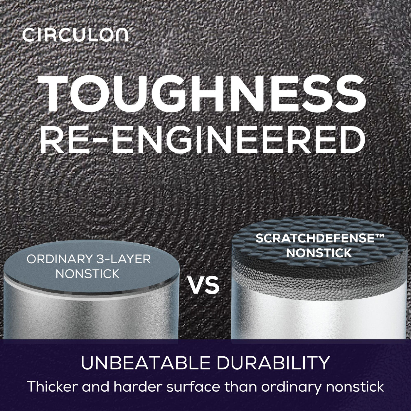 Comparison of ordinary surfaces and 12-Inch ScratchDefense™ Nonstick Fry Pans.