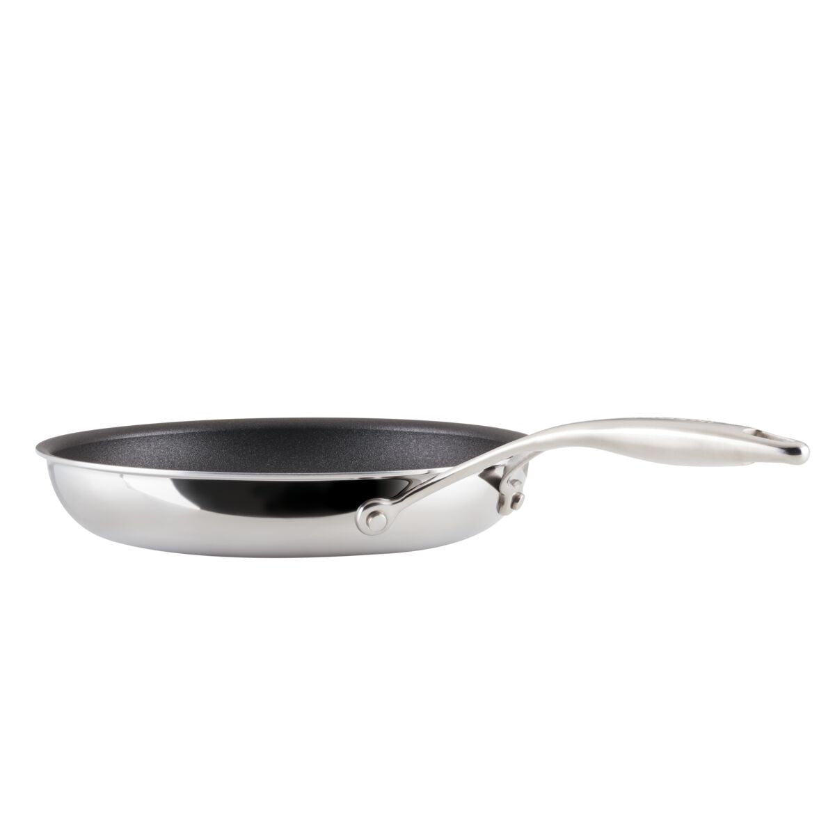 Stainless steel frying pan with a non-stick interior and ergonomic handle.