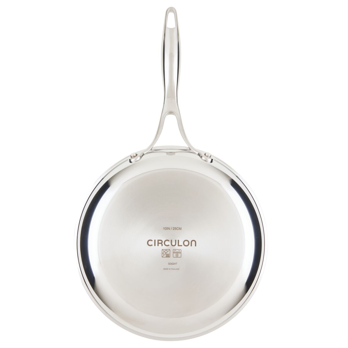 Stainless steel Circulon pan with handle, viewed from above.