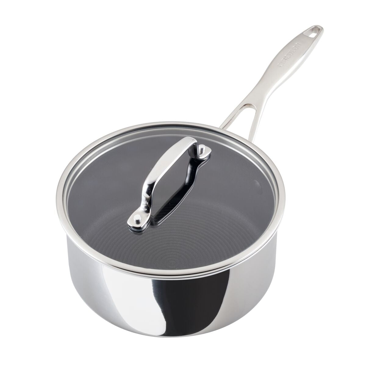 Stainless steel saucepan with a glass lid and a long handle.