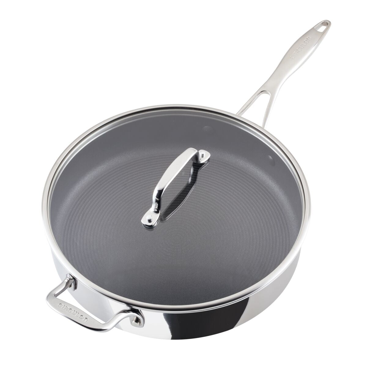 Stainless steel frying pan with a lid and handle on a white background.