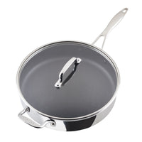 Stainless steel frying pan with a lid and handle on a white background.